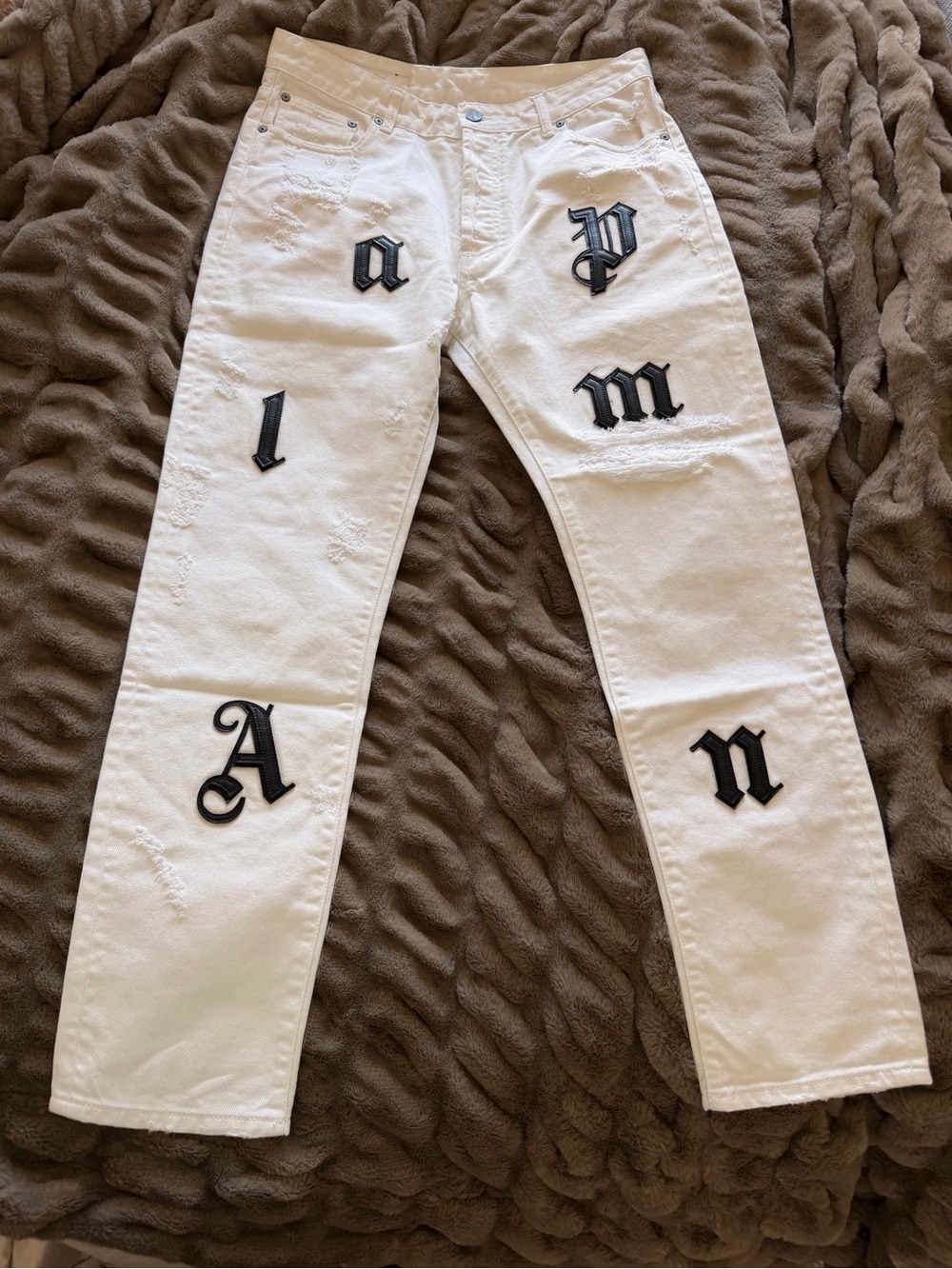 Palm Angels White Straight Jeans with Black Gothic Letter Patches